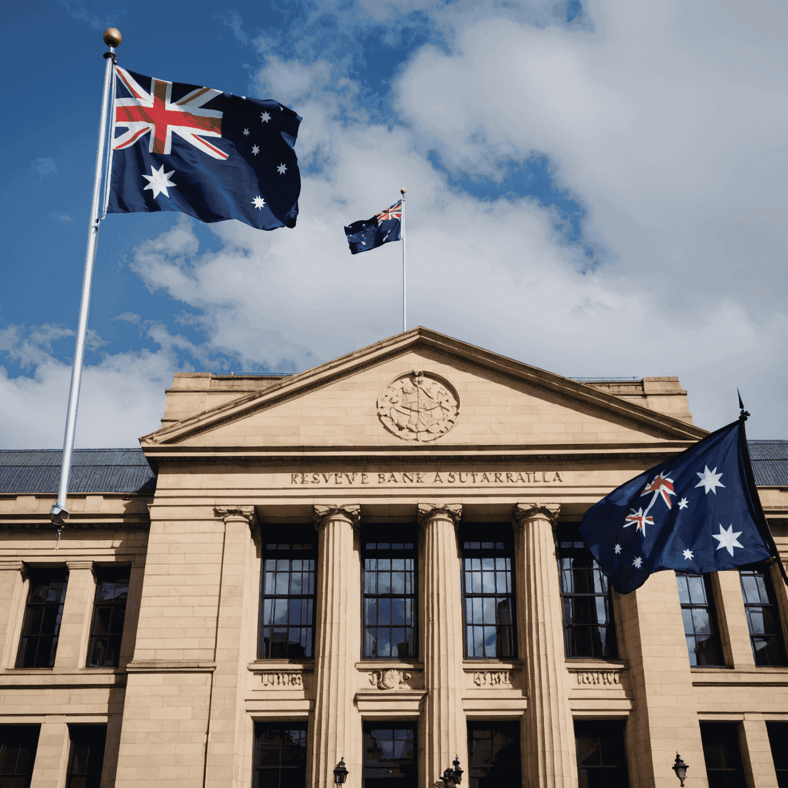 Reserve Bank of Australia building in Sydney with Australian flag flying, symbolizing the central bank's decision on interest rates