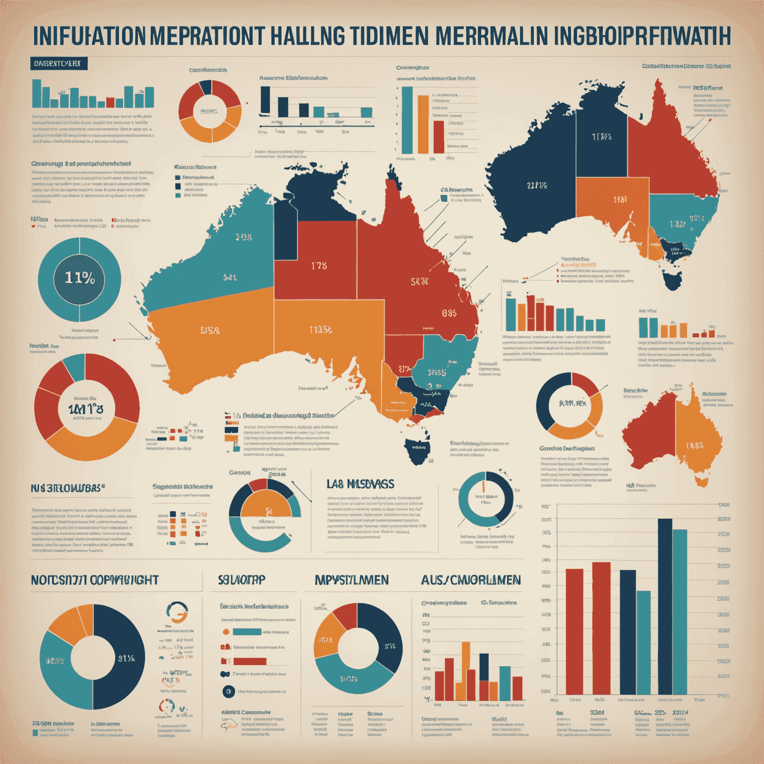 Infographic showing various economic indicators including charts and graphs representing inflation, unemployment, and GDP growth in Australia