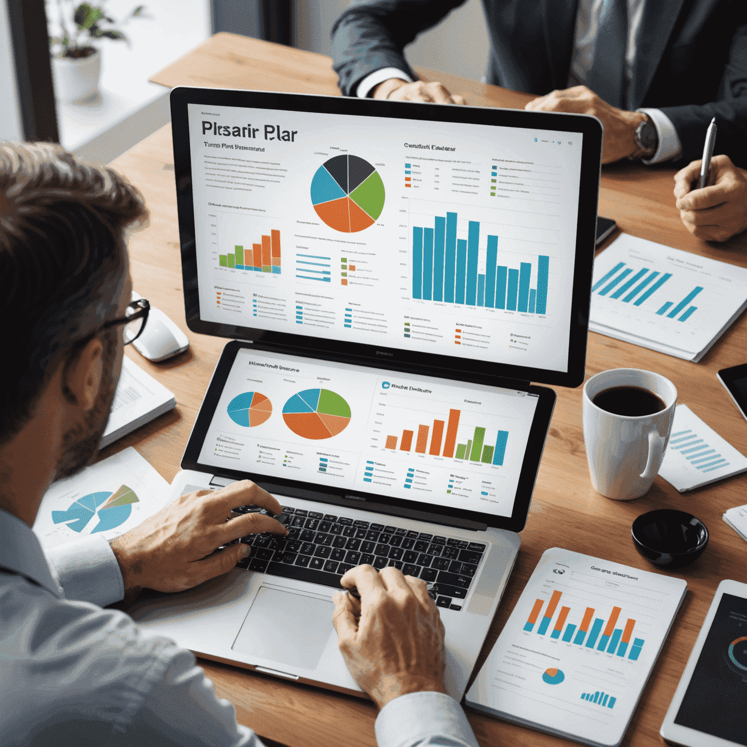 A professional financial planner discussing a comprehensive financial plan with a diverse group of Australians, showcasing charts and graphs on a digital screen
