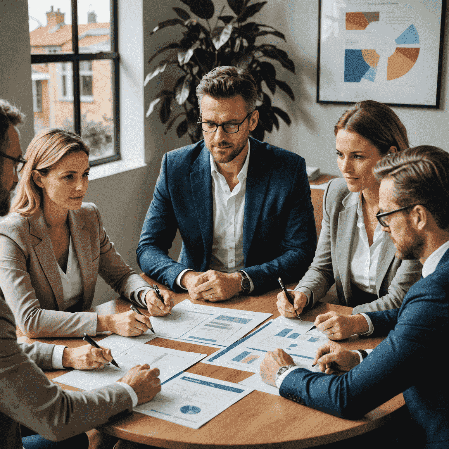 A diverse group of Australians sitting around a table, reviewing financial documents with a professional financial planner. The image conveys a sense of collaboration and expert guidance.