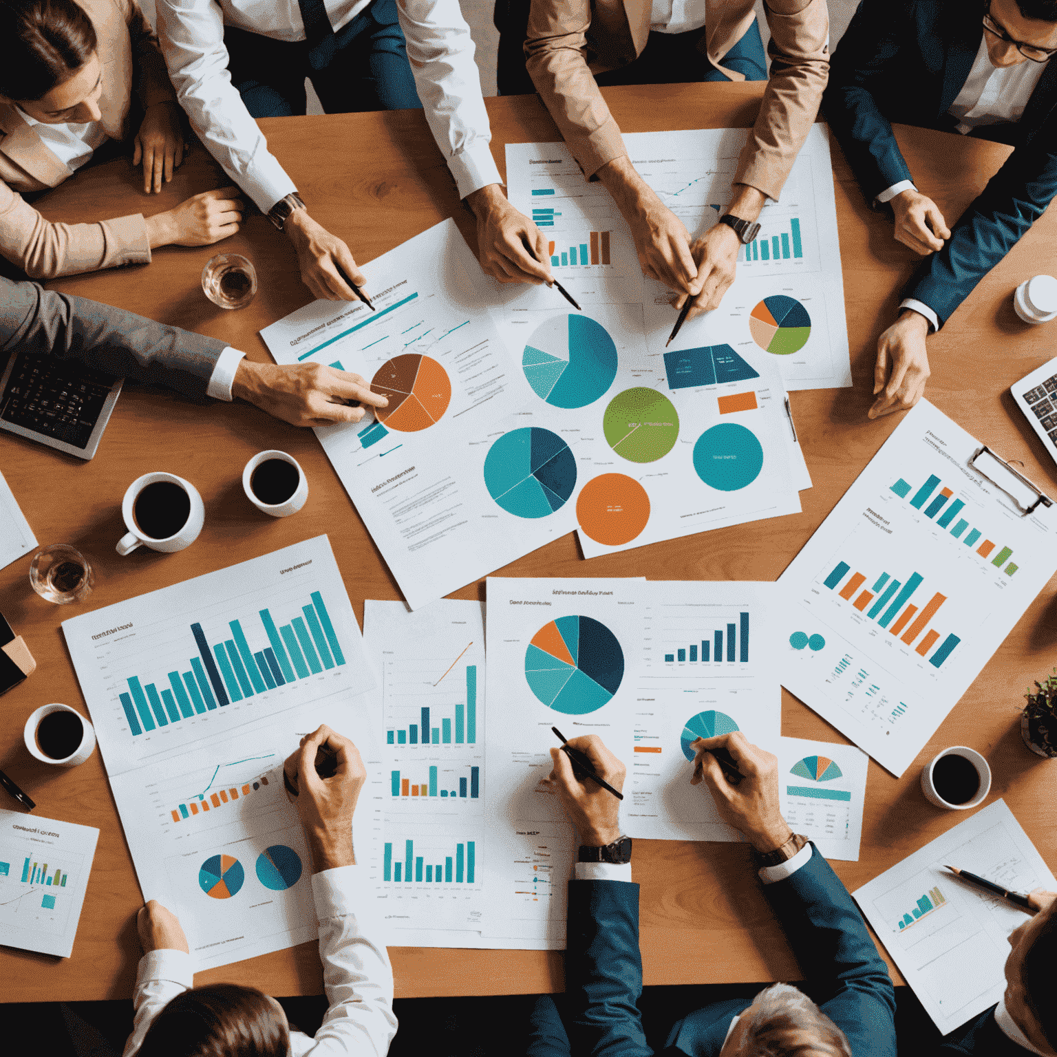 A diverse group of Australians discussing investment strategies around a table with charts and graphs. The image conveys a sense of collaboration and financial planning.