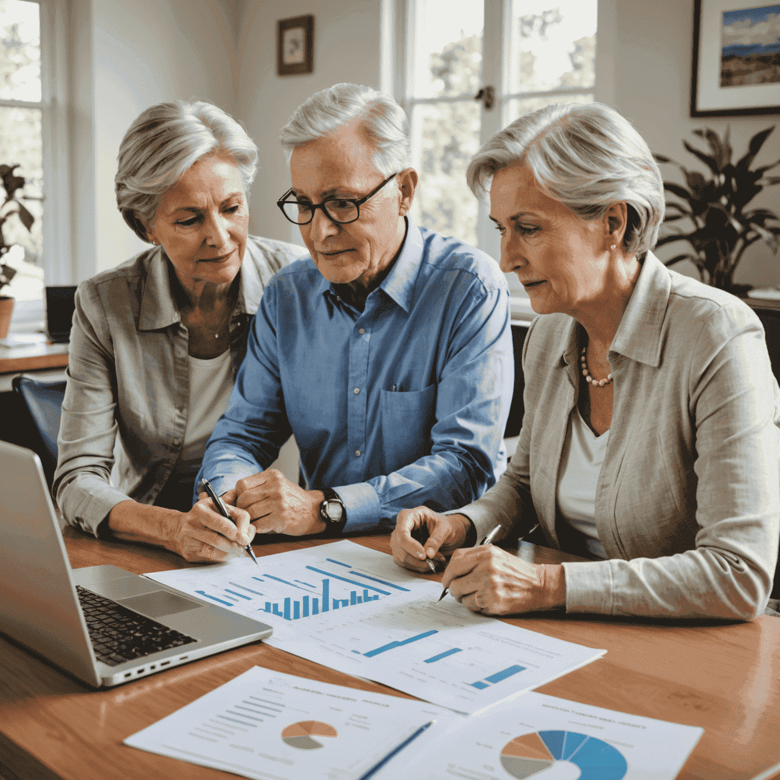 Senior couple reviewing retirement plans with a financial advisor. They are sitting at a desk with charts, graphs, and a laptop showing retirement projections. The image conveys a sense of confidence and security in planning for the future.