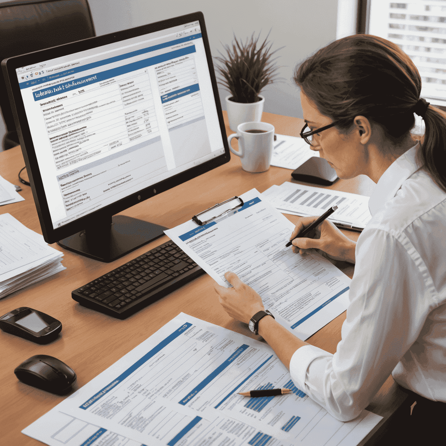 A professional accountant explaining tax documents to a client in an office setting, with Australian tax forms and a computer showing tax software visible on the desk