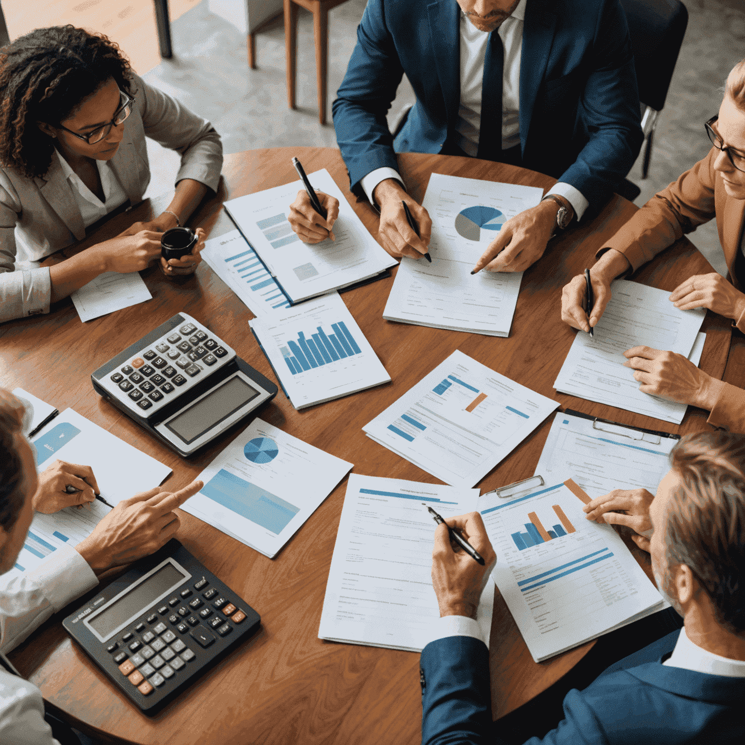 A diverse group of Australians discussing debt management strategies around a table with financial documents and calculators