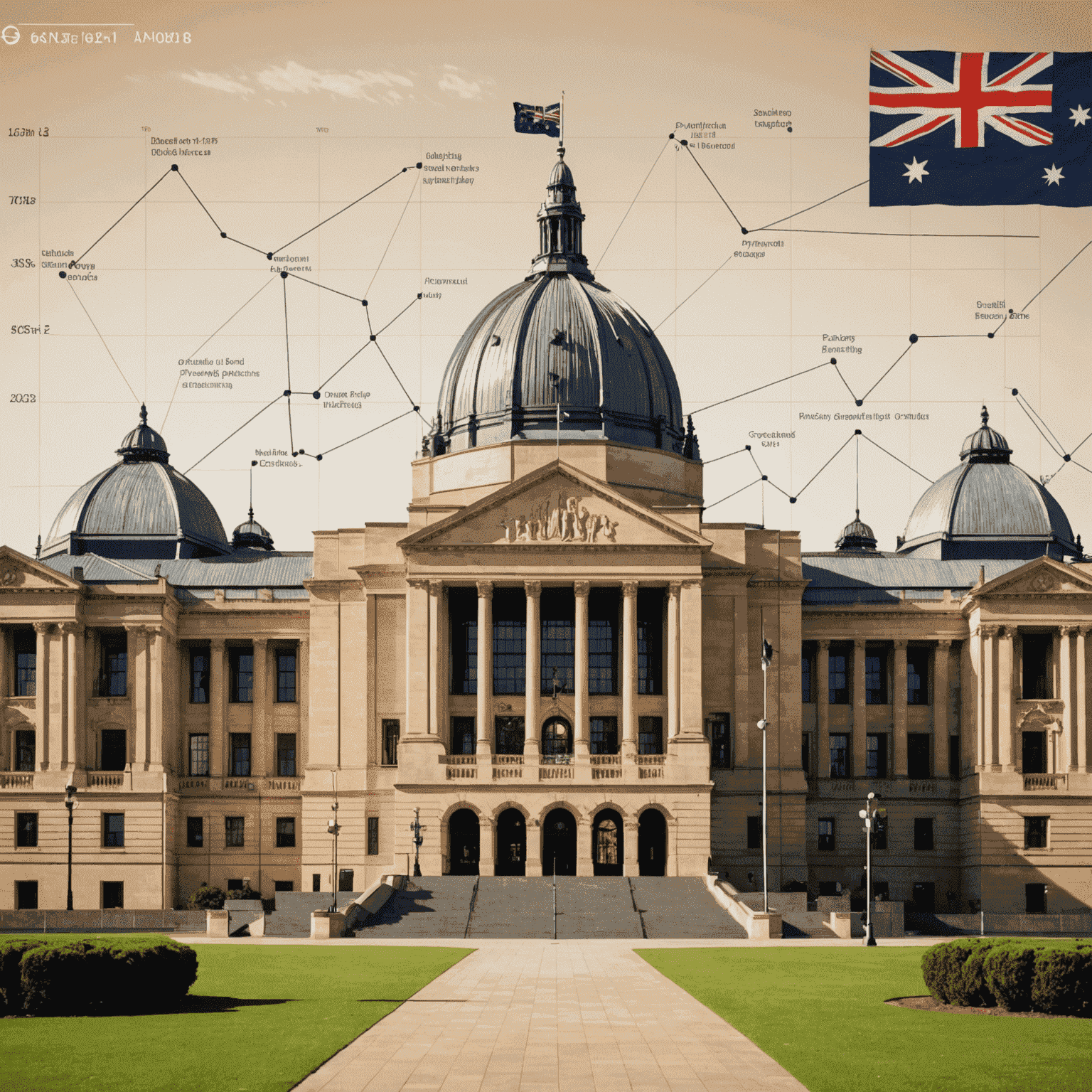 An image of the Australian Parliament House with overlaid graphs and financial icons representing budget updates
