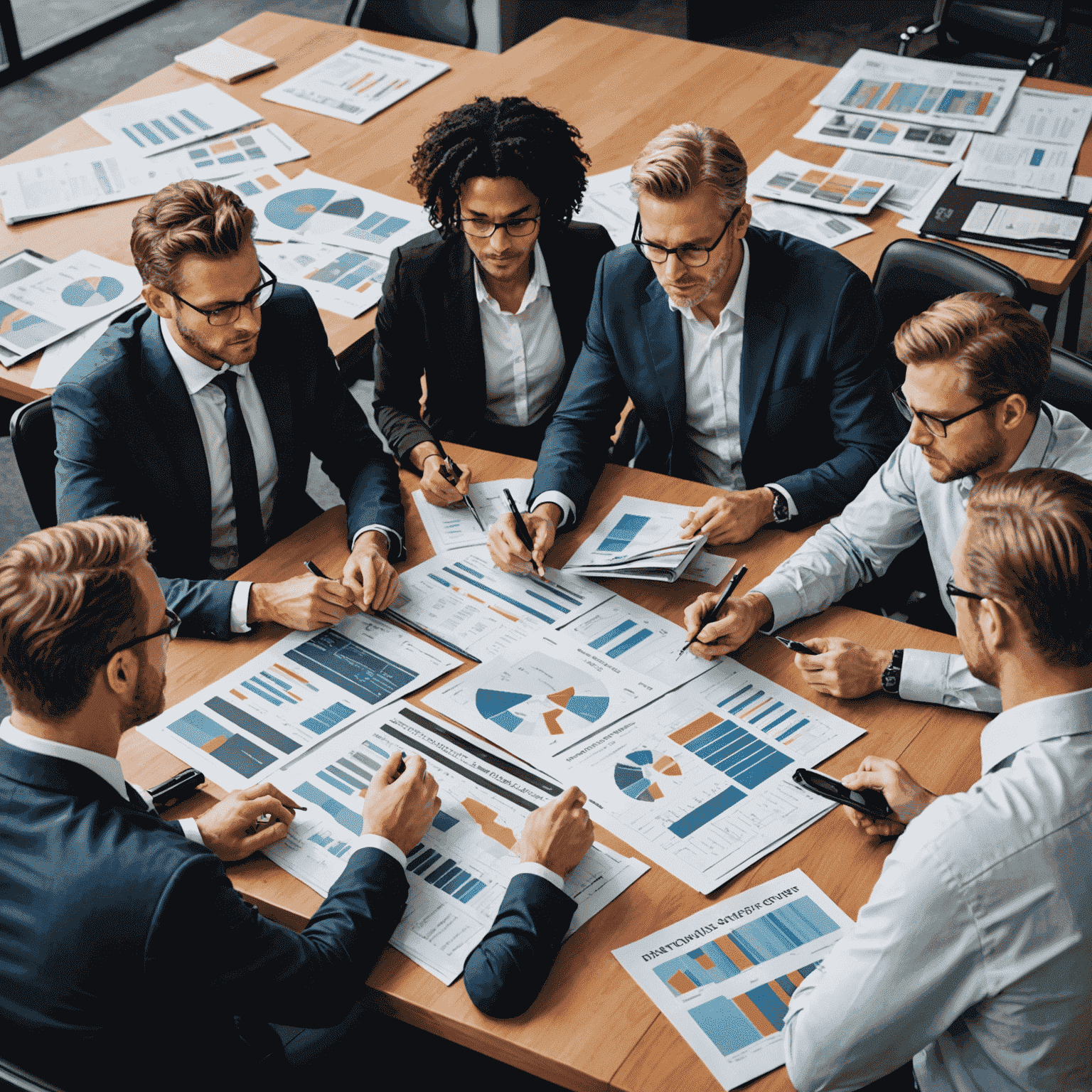 A diverse group of Australians reviewing investment portfolios with an advisor, surrounded by stock market charts and financial newspapers