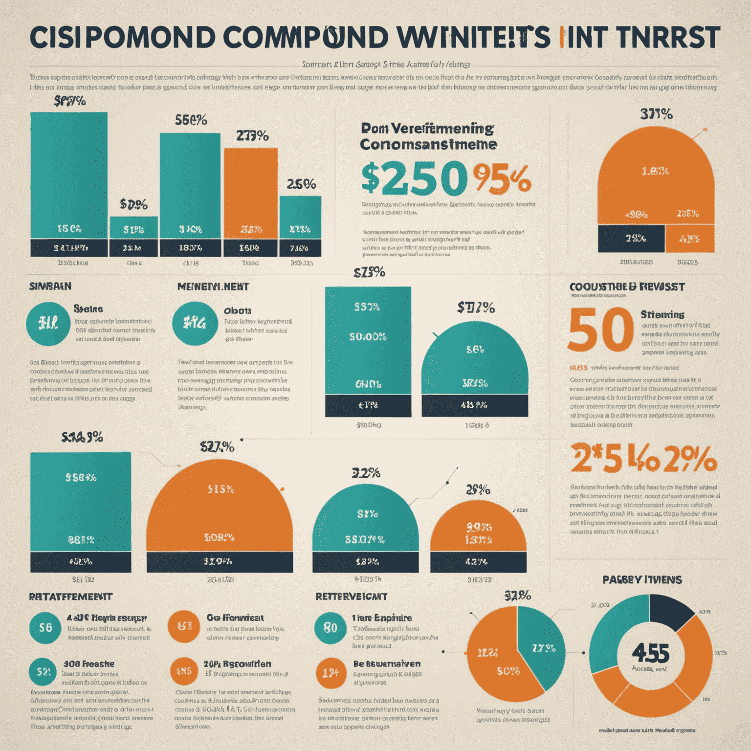 Infographic showing the power of compound interest over time, with a timeline from age 25 to 65. The graph illustrates how early retirement planning and consistent savings can lead to a significantly larger nest egg by retirement age.