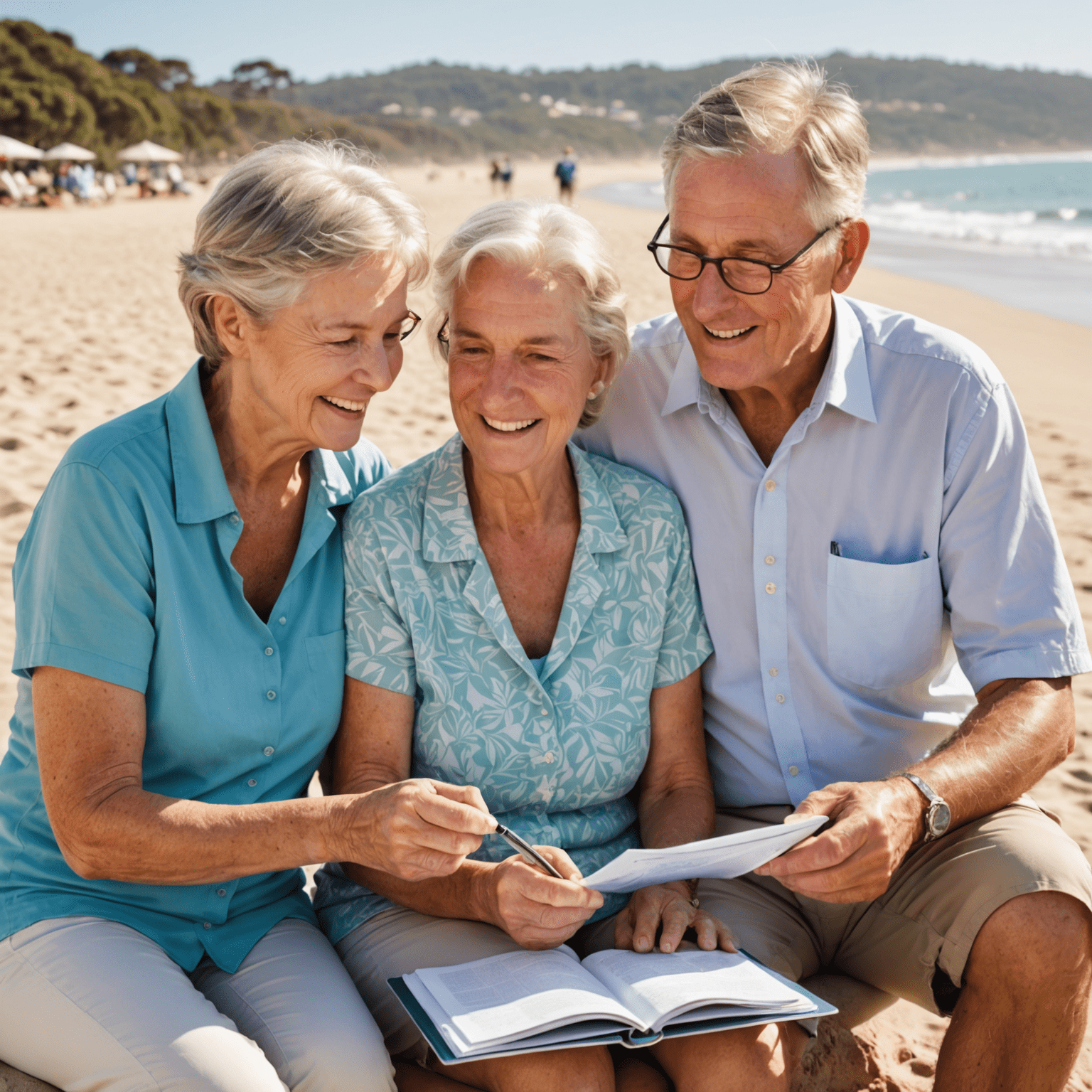 A happy retired Australian couple reviewing their superannuation and pension options with a financial advisor on a sunny beach