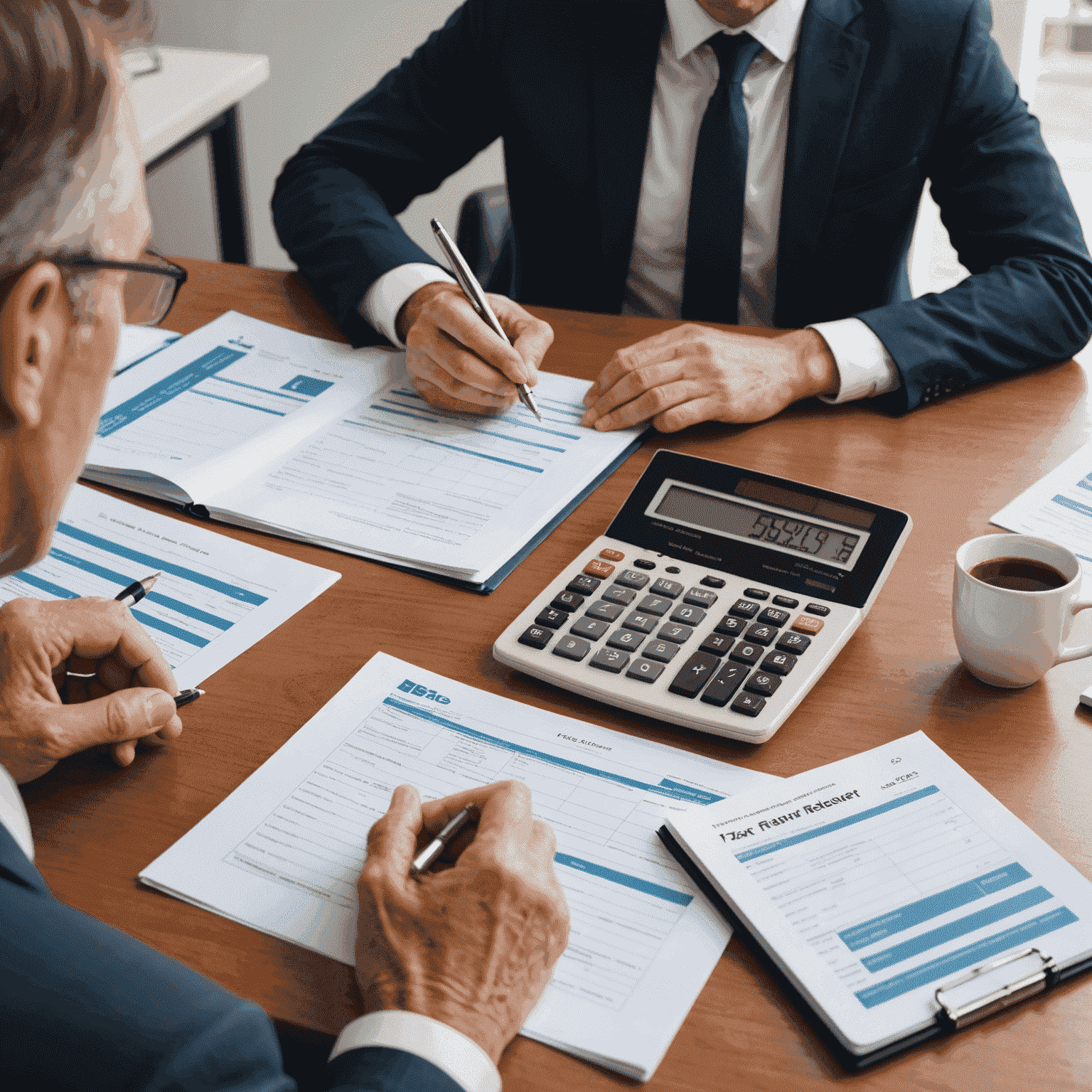 An Australian tax professional explaining tax laws and efficiency strategies to a client, with Australian tax forms and a calculator visible