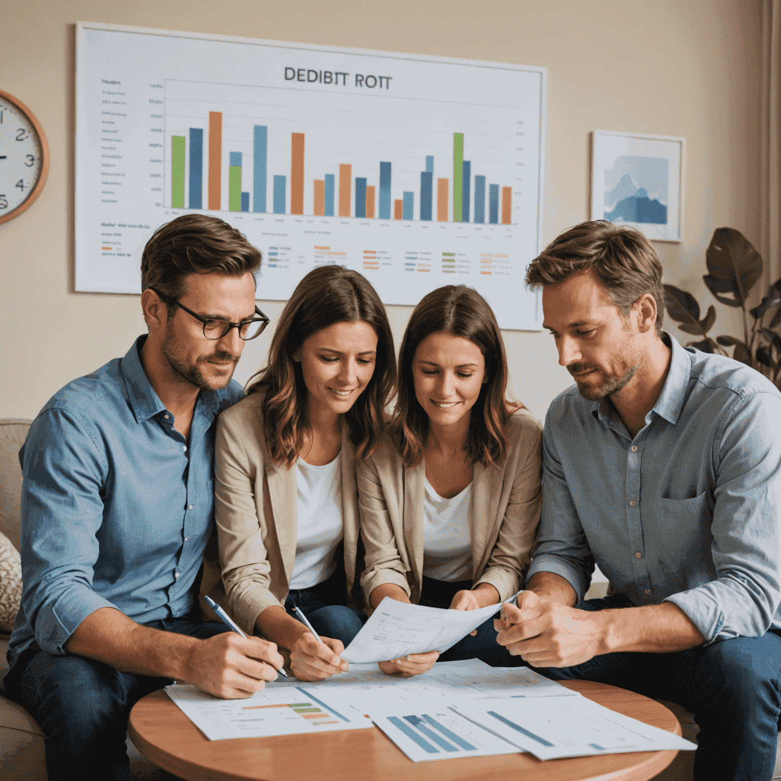 A relieved Australian family reviewing their debt reduction plan with a financial advisor, surrounded by paid bills and a decreasing debt chart